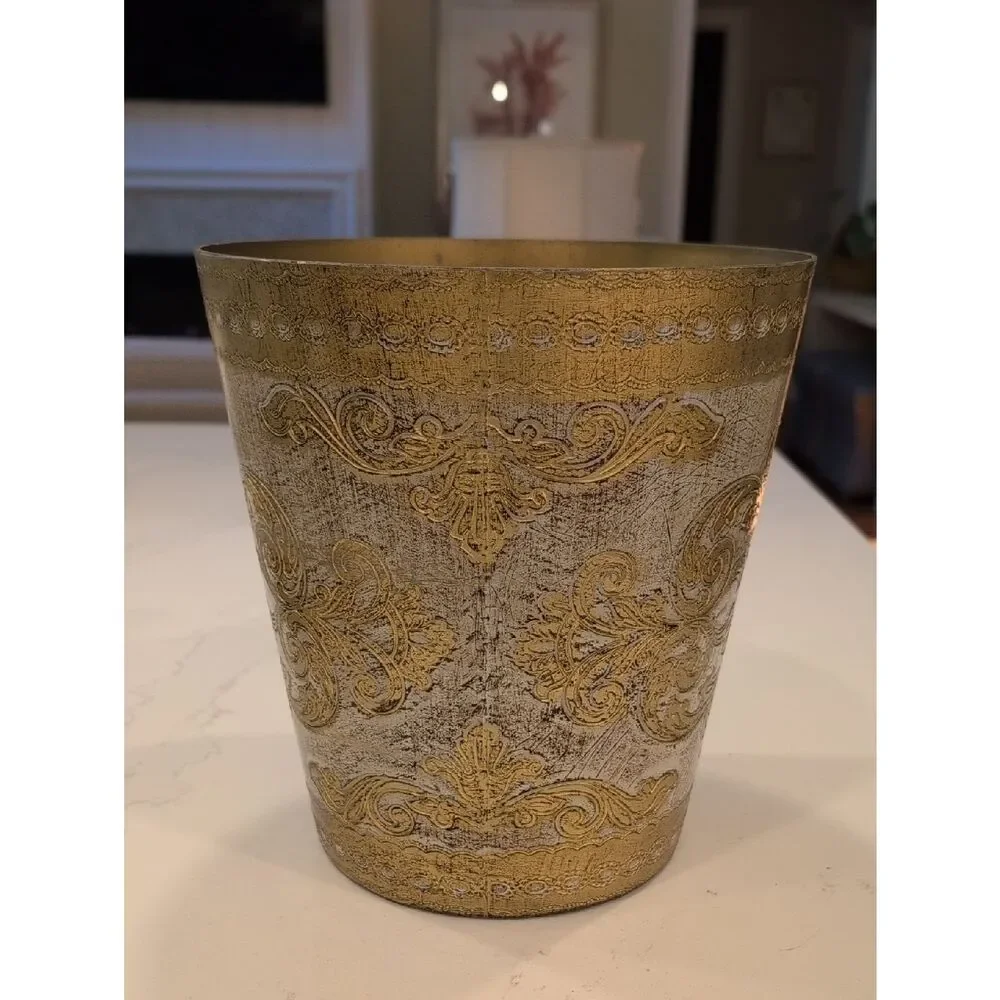 Florentine Gold and Cream Embossed Wastebasket Made in Italy Vintage